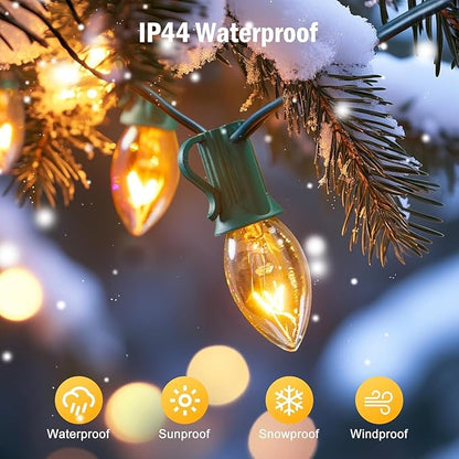100FT C7 Christmas String Lights Outdoor UL Listed Vintage Christmas Lights Hanging for Christmas Tree Garden Patio Backyard Cafe Party Room Xmas Decoration, Green Wire, 100 Bulbs, Not Connectable