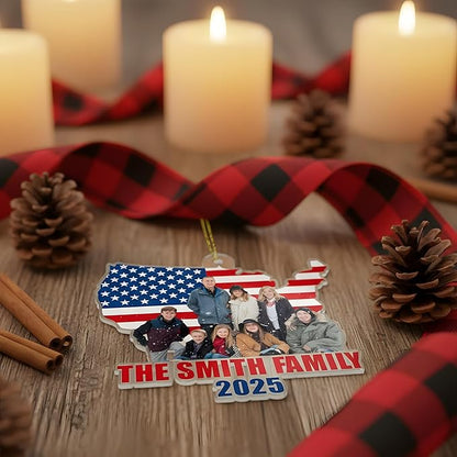 God Family Country Ornament 2025 – Personalized Acrylic USA Flag Ornament, Custom Photo Patriotic Christmas Tree Decoration, Memorial Keepsake Gift for Family, Veterans & Proud Americans