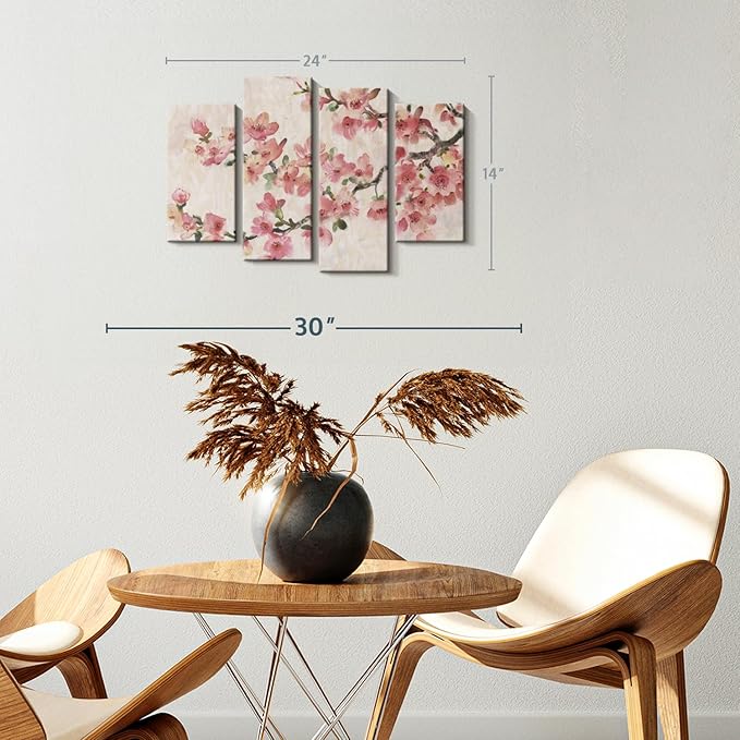 Elephant Stock Cherry Blossom Composition I Wall Art - Horizontal Canvas - 4-Piece Living Room Wall Decor - Branch Painting Canvas Print - Pink and Green Decor for Wall by Tim O'Toole - 24" X 14"