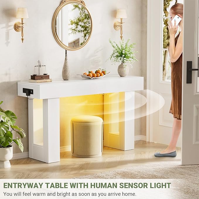 Unikito 47" Entryway Table with Socket and Sensor Light, Narrow Console Table with Storage Behind Couch, Farmhouse Entry Way Tables with Open Storage for Entrance/Hallway/Living Room, White