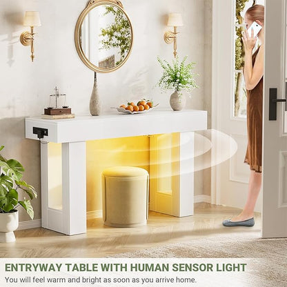 Unikito 47" Entryway Table with Socket and Sensor Light, Narrow Console Table with Storage Behind Couch, Farmhouse Entry Way Tables with Open Storage for Entrance/Hallway/Living Room, White