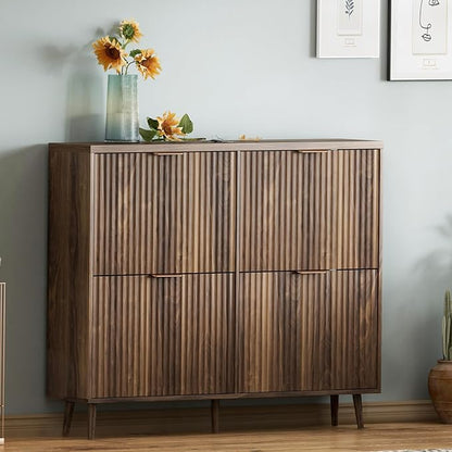 Shoe Cabinet Storage,Modern Freestanding Organizer with 4 Flip Drawers,Narrow Shoe Rack Cabinet for Entryway,Walnut