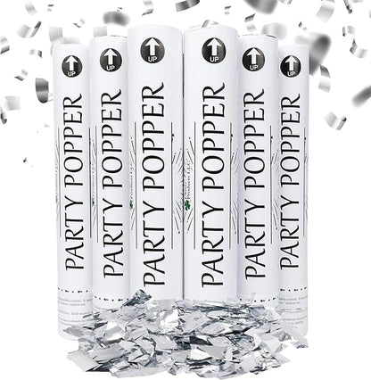 Confetti Cannon 12" – 6 Pack Silver Mylar Confetti Poppers | Party Poppers for Weddings, Birthdays, Graduations & Events | Air-Powered, Safe & Easy to Use | Shoots 25 Feet Indoor & Outdoor