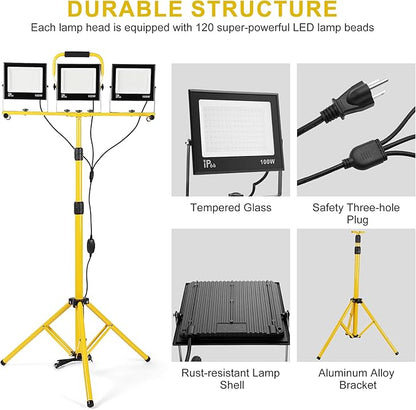 30000 Lumen Work Lights with Stand, 3 Adjustable Head LED Work Light, with Adjustable and Foldable Tripod Stand, Waterproof Lamp with 6500 Kelvin Color Temperature