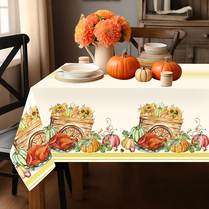 3PCS Thanksgiving Tablecloth, Disposable Plastic Tablecloths Rectangle Give Thanks Table Cover with Harvest Pumpkin Turkey for Home Kitchen Party Picnic Thanksgiving Decorations, 51.2x 86.6inch