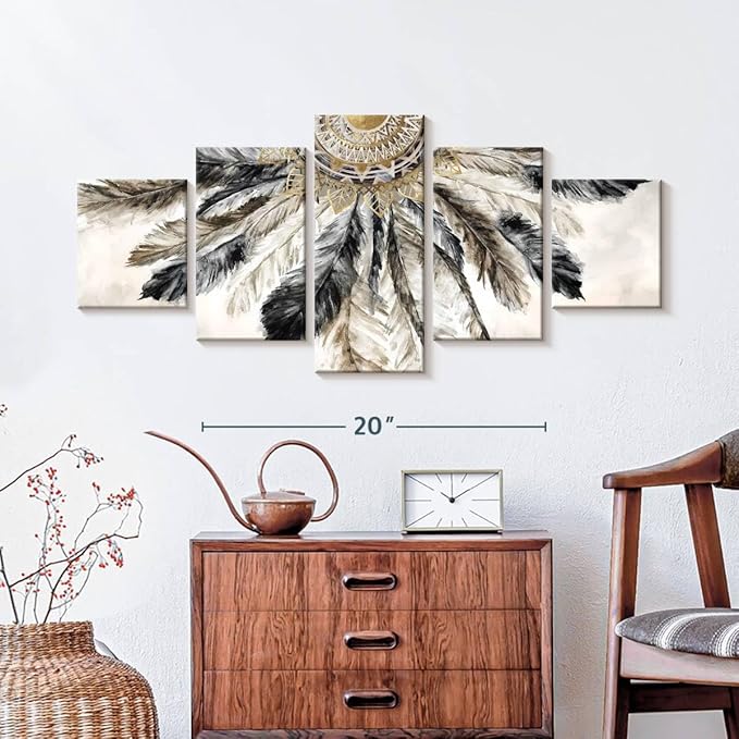 ElephantStock - Necklace Of Feathers Iii Wall Art - Horizontal Multi Panel Canvas - 5 Piece Living Room Wall Decor - Painting Multi Piece Wall Art - Brown And Gray Decor by Eva Watts - 36" x 15"
