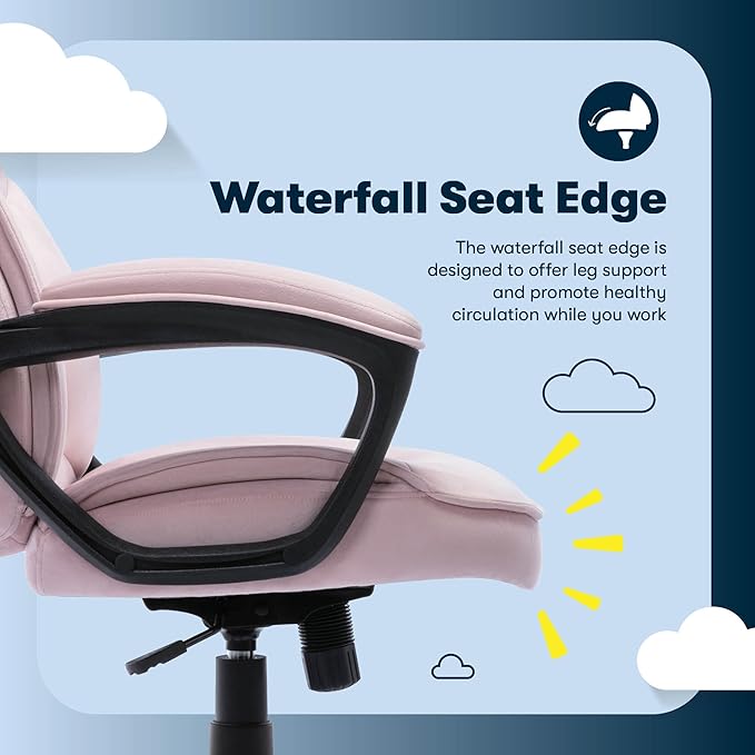 Serta Comfort Classic Executive Office Chair, Ergonomic Mid-Back Computer DeskChair with Lumbar Support, Semi-Plush Cushion and Body Pillows, Padded Armrests, Swivel Base, Pink Velvet Fabric