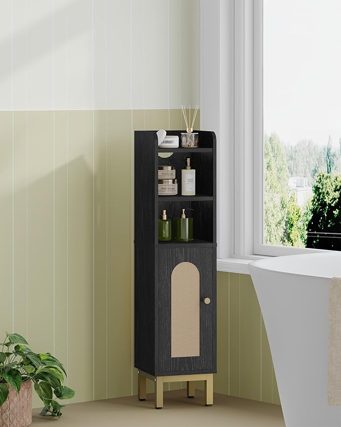 Bathroom Storage Cabinet, Small Corner Floor Cabinet with Door and Shelves, Narrow Toilet Paper Holder, Bathroom Organizer with Adjustable Shelf, for Small Spaces, Rattan Black BC08204Y