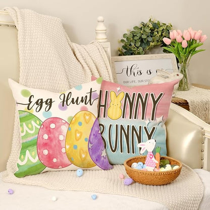 GEEORY Happy Easter Eggs Hello Peeps Throw Pillow Covers 18x18 Inch Set of 4, Hunny Bunny Polka Dots Spring Decorative Farmhouse Holiday Cushion Case for Home Decoration G687-18