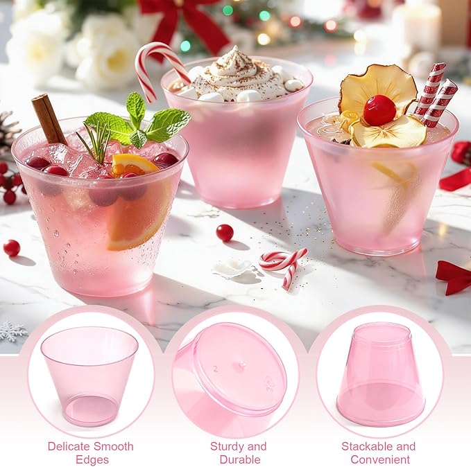 150 Pack Plastic Cups 9 oz Pink Clear Plastic Cups for Cocktail Fancy Disposable Cup for Party Stemless Wine Glasses for Wedding Thanksgiving Christmas Party Graduation
