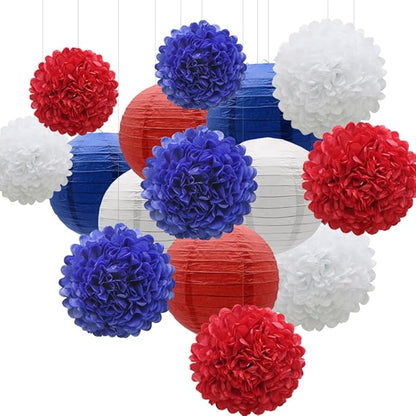 KAXIXI Hanging Party Decorations Set, 15pcs Navy Blue White Red Paper Flowers Pom Poms Balls and Paper Lanterns for 4th of July Decorations Patriotic Decoration Wedding Birthday Baby Shower