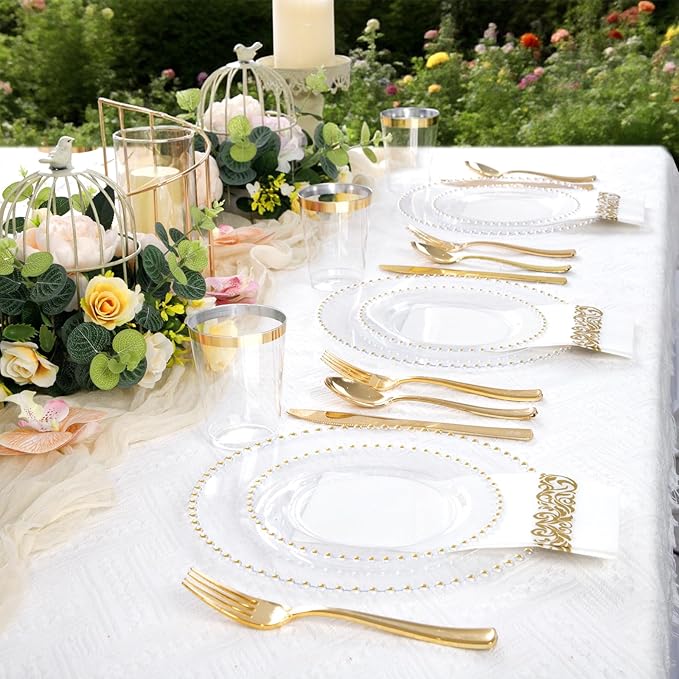 LIYH 350 Pcs Clear Plastic Plates - Gold Rim Plastic Dinnerware Set Elegant Disposable Plates Include Dinner & Dessert Plate Cups Gold Silverware Wedding Napkins for Birthday Party Wedding 50 Guests