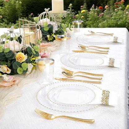 LIYH 350 Pcs Clear Plastic Plates - Gold Rim Plastic Dinnerware Set Elegant Disposable Plates Include Dinner & Dessert Plate Cups Gold Silverware Wedding Napkins for Birthday Party Wedding 50 Guests