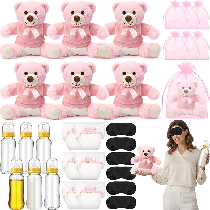 Soulchen 6 Set Bear Blindfolded Diaper Changing Baby Shower Games 14 Inch Bear Plushes with Dolls Diapers Bottles Shirts for Gender Reveal Bridal Shower Game Prize Gift Guest Adult(Pink)