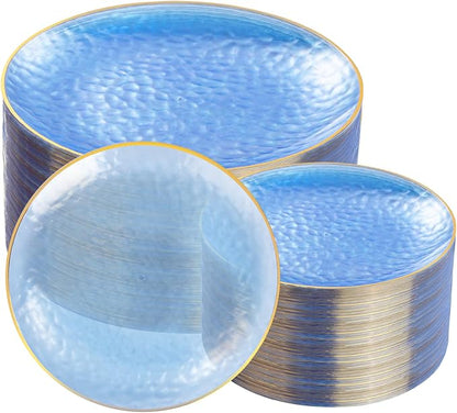 Rubtlamp 100Pcs Blue Gold Plastic Plates, Blue Disposable Plates With Gold Rim, Hammered Plastic Plates Include 50 Dessert Platos, 50 Dinner Platos for Party