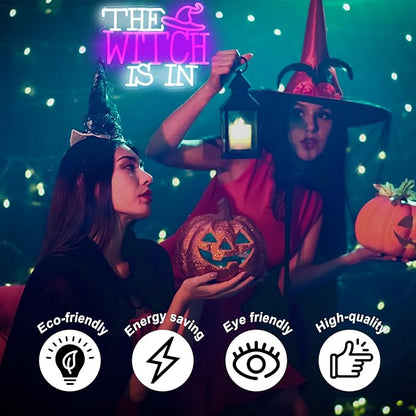 The Witch Is In Neon Signs for Wall Halloween Decor - Witch Hat Neon Light Purple Dimmable LED Sign Gothic Lamp for Haunted Mansion House Party Decor