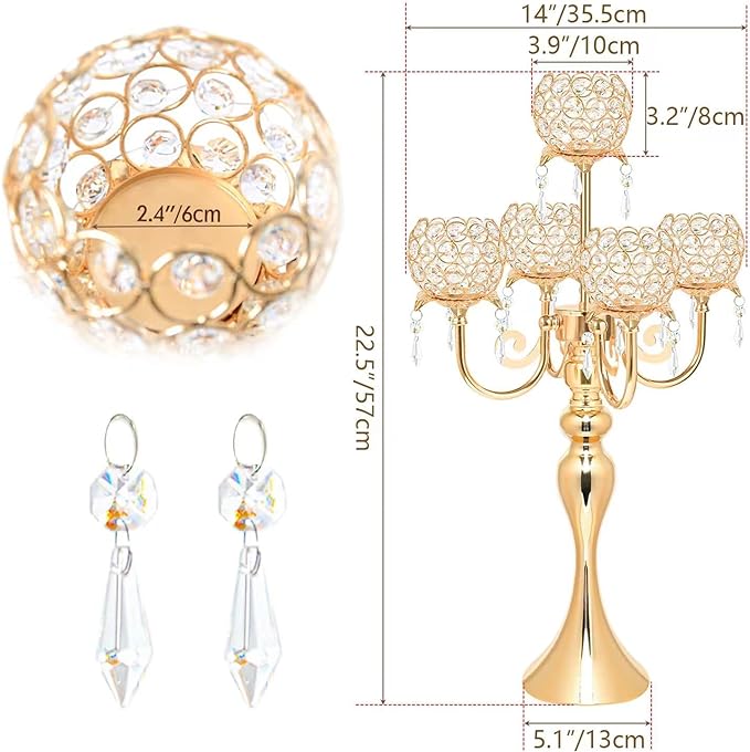5 Arm Gold Candle Holder 22.5 Inch Tall Crystal with Pendant, Romantic Home Decor Elegant Candlestick Holder for Dates Wedding Receptions Holiday Party Important Events
