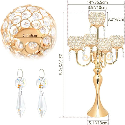 5 Arm Gold Candle Holder 22.5 Inch Tall Crystal with Pendant, Romantic Home Decor Elegant Candlestick Holder for Dates Wedding Receptions Holiday Party Important Events
