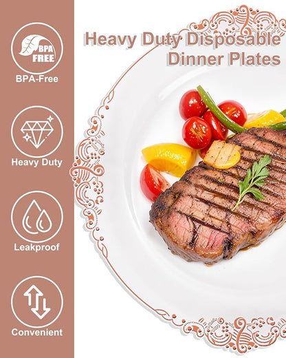 YOUBET 700PCS Rose Gold Plastic Plates - Clear Rose Gold Plastic Dinnerware Set Include 200 Disposable Plate, 300 Heavy Duty Silverware, 100 Cups, 100 Napkins for Wedding & Party & Baby Shower