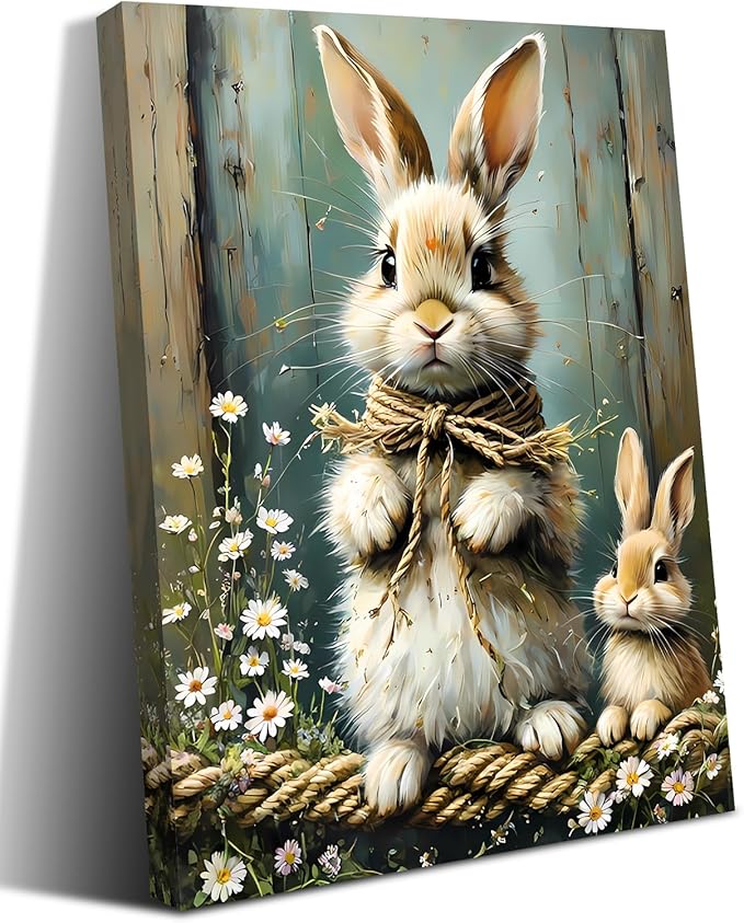 Farmhouse Rabbit Wall Art,Bunny Easter Flower Wall Decor Framed Canvas Wall Art,Vintage Rabbit Prints,Rustic Bunny Spring Wildflower Wall Decor for Living Room Farmhouse Dorm(12"x16")
