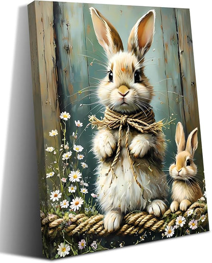 Farmhouse Rabbit Wall Art,Bunny Easter Flower Wall Decor Framed Canvas Wall Art,Vintage Rabbit Prints,Rustic Bunny Spring Wildflower Wall Decor for Living Room Farmhouse Dorm(12"x16")
