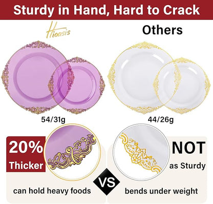 Hioasis 210pcs Purple and Gold Plastic Plates - Elegant Disposable Dinnerware Set Suitable for 30 Guests Include 10.25 Dinner & 7.5 Dessert Plates, Pre Rolled Silverware Set, Cups for Party & Wedding
