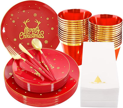 Nervure 175PCS Christmas Plastic Plates - Red and Gold Disposable Plates & Gold Plastic Silverware with Red Handle include 50 Plates 25Knives 25Forks 25Spoons 25Napkins for Christmas Party