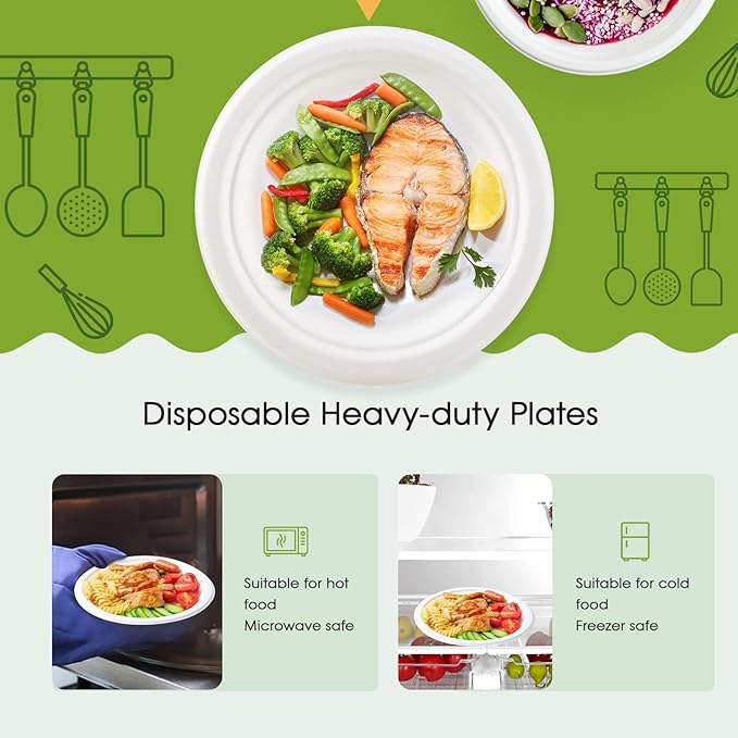 ECOLipak 100% Compostable 10 Inch Heavy Duty Paper Plates, 150 Pack Disposable Biodegradable Eco-friendly Sugarcane Bagasse Plates for Thanksgiving Party(White)