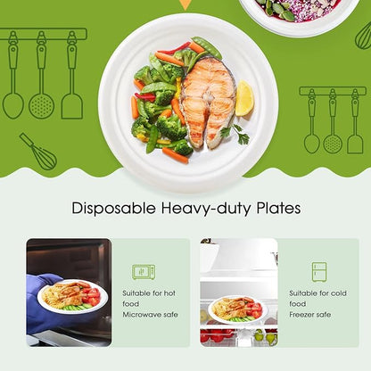 ECOLipak 100% Compostable 10 Inch Heavy Duty Paper Plates, 150 Pack Disposable Biodegradable Eco-friendly Sugarcane Bagasse Plates for Thanksgiving Party(White)
