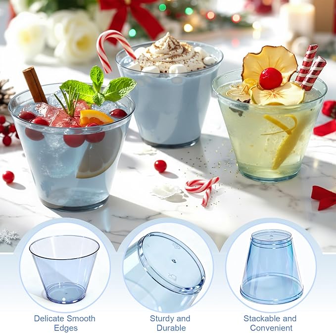 150 Pack Plastic Cups 9 oz Blue Clear Plastic Cups for Cocktail Fancy Disposable Cup for Party Stemless Wine Glasses for Wedding Thanksgiving Christmas Party Graduation