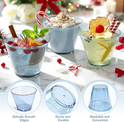 150 Pack Plastic Cups 9 oz Blue Clear Plastic Cups for Cocktail Fancy Disposable Cup for Party Stemless Wine Glasses for Wedding Thanksgiving Christmas Party Graduation