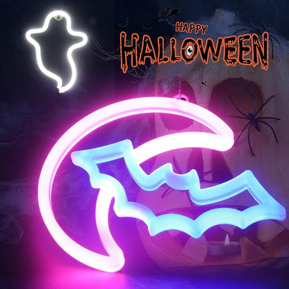 BRIGHTDECK 2 Pack Halloween Neon Signs, White Ghost, Blue Bat Full Moon Neon Lights Decorations, USB/Battery Powered Led Neon Sign for Halloween Wall Decor, Bedroom, Kids Gift, Living Room, Bar, Party (Half Moon)