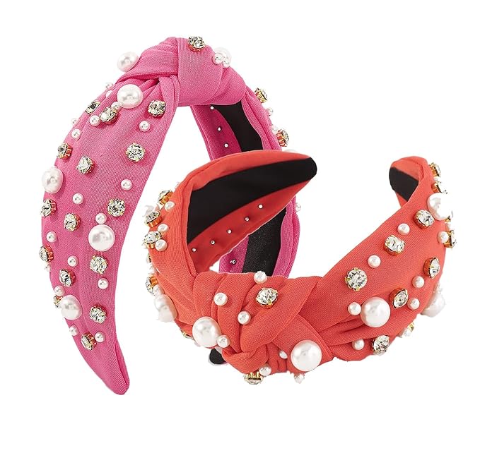 JILIYUPA Carnival Headband Rhinestone Cross Knotted Turban Hair Hoop Carnival Crystal Twist Velvet Wide Hairband Party Hair Accessory (Rose red, pink)