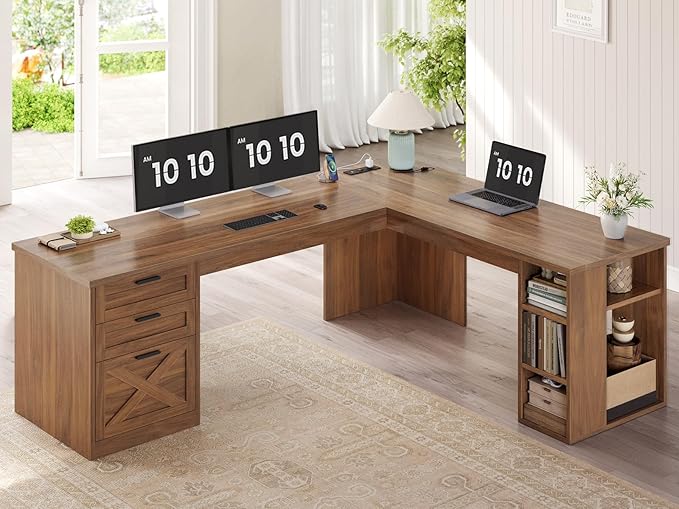 SEDETA 67" Farmhouse L Shaped Desk with 3 Drawers, Executive Home Office Desks with Storage Shelves, Corner Computer Desk with Power Outlets for Home Office, Brown