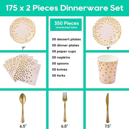 Pink and Gold Party Supplies - 350 PCS Disposable Dinnerware Set - Pink Paper Plates Napkins Cups, Gold Plastic Forks Knives Spoon for Graduation, Birthday, Thanksgiving, Cocktail Party