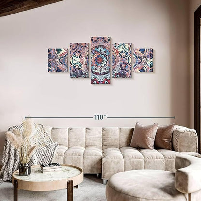 ElephantStock - Mandala Enchantment Wall Art - Horizontal Multi Panel Canvas - 5 Piece Living Room Wall Decor - Digital Art Elements Multi Piece Wall Art - Blue And Beige Decor - 74" x 34"