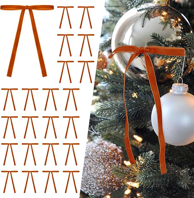 SIMISI RIBBON 24 Pcs Orange Velvet Christmas Tree Bows Door Garland Decor Vintage Wreath Bow (3/8'' Wide, 5 * 7 inch)