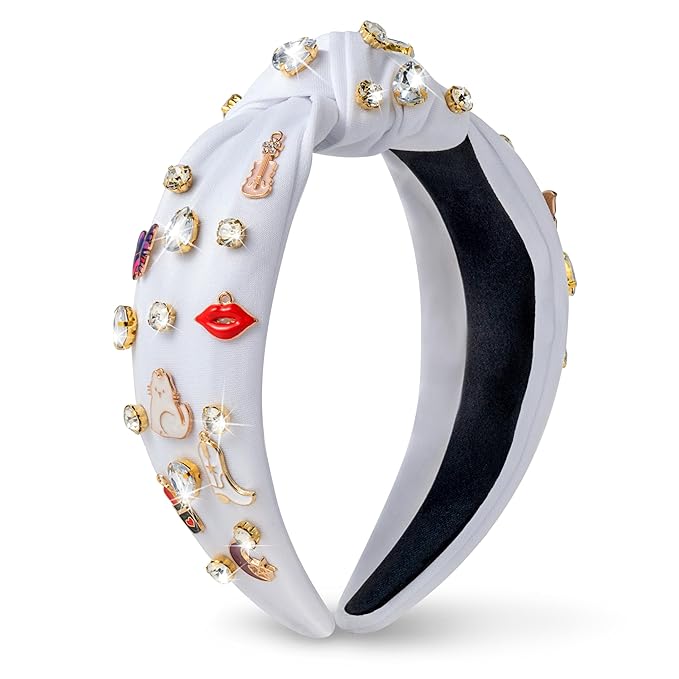 PANTIDE Music Jeweled Knotted Headband - Singer Fans Gift Guitar Red Lip Rhinestone Crystal Embellished Headband Wide Top Knot Fashion Hairband Birthday Back To School Gift for Women Girls (White)