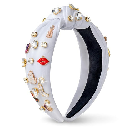 PANTIDE Music Jeweled Knotted Headband - Singer Fans Gift Guitar Red Lip Rhinestone Crystal Embellished Headband Wide Top Knot Fashion Hairband Birthday Back To School Gift for Women Girls (White)