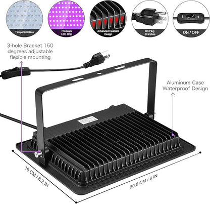 3 Pack 150W LED Black Lights, Blacklight Flood Light Outdoor with Plug and Switch, IP66 Waterproof for Dance Party, Glow in The Dark, Halloween Lights, Body Paint, Fluorescent Poster