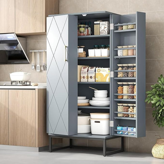 51" Kitchen Pantry Storage Cabinet, Freestanding Pantry Cabinets with Doors andAdjustable Shelves, Buffet Cupboards Storage Cabinet for Home Office Use, DinningRoom(Grey)