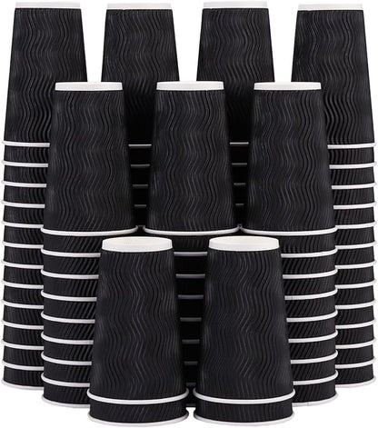 Lamosi 16 oz Coffee Cups - 90 Pack, Disposable Insulated Corrugated Paper Cups 16oz, Kraft Ripple Wall Cups for Hot Beverage or Cold Drinks (Black)