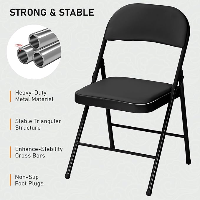 SEALAMB 16 Pack Black Folding Chairs with Padded Seats & Cushion, Durable Metal Foldable Chairs for Wedding Party, Commercial Chairs for Office School Church Events, 330lb Capacity (Black-PU, 16 Pack)
