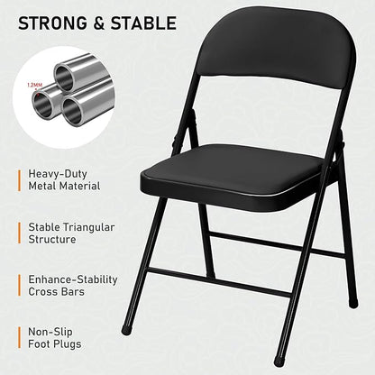SEALAMB 16 Pack Black Folding Chairs with Padded Seats & Cushion, Durable Metal Foldable Chairs for Wedding Party, Commercial Chairs for Office School Church Events, 330lb Capacity (Black-PU, 16 Pack)