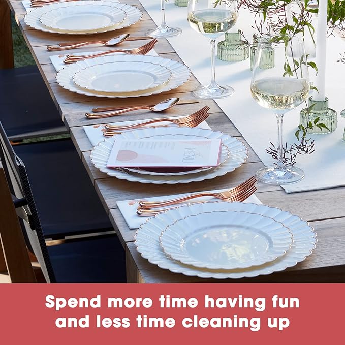 By Madee HEAVYWEIGHT 100 Pc Fancy Plastic Plates for Thanksgiving Dinner – Ivory Scalloped Plates with Rose Gold Trim 50 Dinner & 50 Dessert Disposable for Fall Party & Friendsgiving (50 Guests)