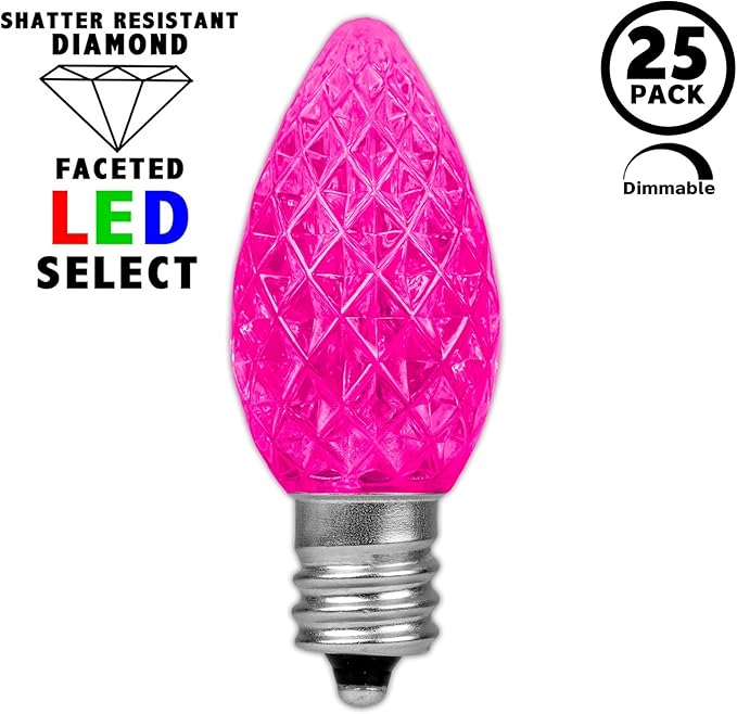 Novelty Lights 25pk Pink C7 LED Faceted Christmas Light Replacement Bulbs, Ultra Bright Dimmable Replacement Lamps for Indoor/Outdoor Light Strings
