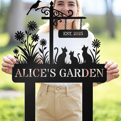 Custom Metal Sign Customized with Name & EST Date, Custom Garden Signs, Floral Yard Signs, Family Name Garden Stake, Personalized Outdoor Decor, Gift for Mother's Day, Mom Grandma Gardener Cat Lover