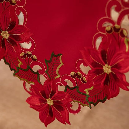 Joyfol Day Christmas Embroidered Red Table Runner 14 x 59 Inch, Cutwork Poinsettia Holly Leaves Acorns Table Runners, for Xmas Holiday Winter Festival Kitchen Dining Tabletop Decoration