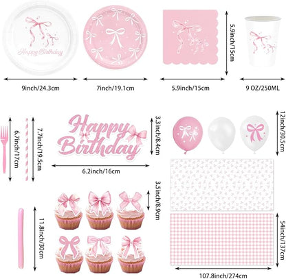 190PCS Pink Bow Party Supplies Birthday Decorations Coquette Disposable Plates Napkins Set, Banner, Hanging Swirls, Tablecloth, Cake Topper, Balloon, Honeycomb Centerpieces Table Decorations