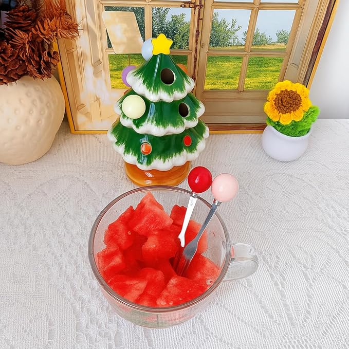 Christmas Fruit Fork Set with Jar- 6pcs Christmas Forks Xmas Creative Tableware Stainless Steel Forks for Fruit Cake Dessert Fork Xmas Decoration Gift for Hostess Instagram-Ready Tableware